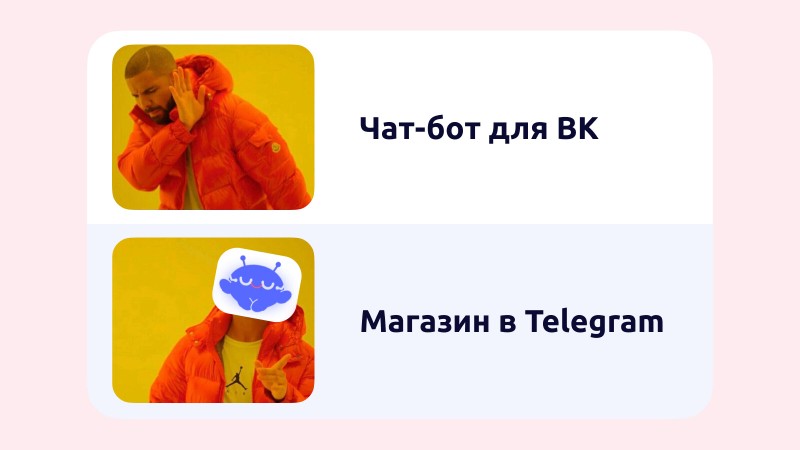 
                    Почему от бота для ответов на вопросы в ВК мы пришли к конструктору магазинов в Telegram            