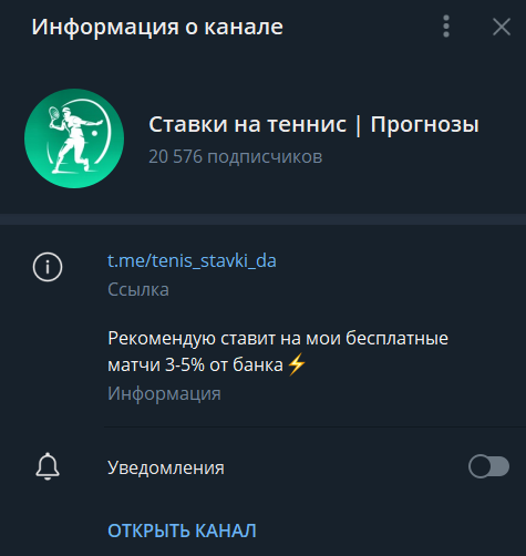 Ставки на теннис | Прогнозы — канал в ТГ, отзывы