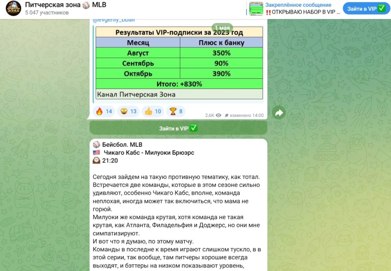 Питчерская Зона — канал о ставках в Телеграм, отзывы